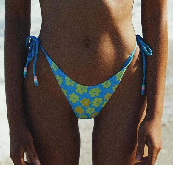 Free People x Its Now Cool The 90s Tie Up Bikini Bottoms Petallic Blue Yellow XS - Picture 1 of 8